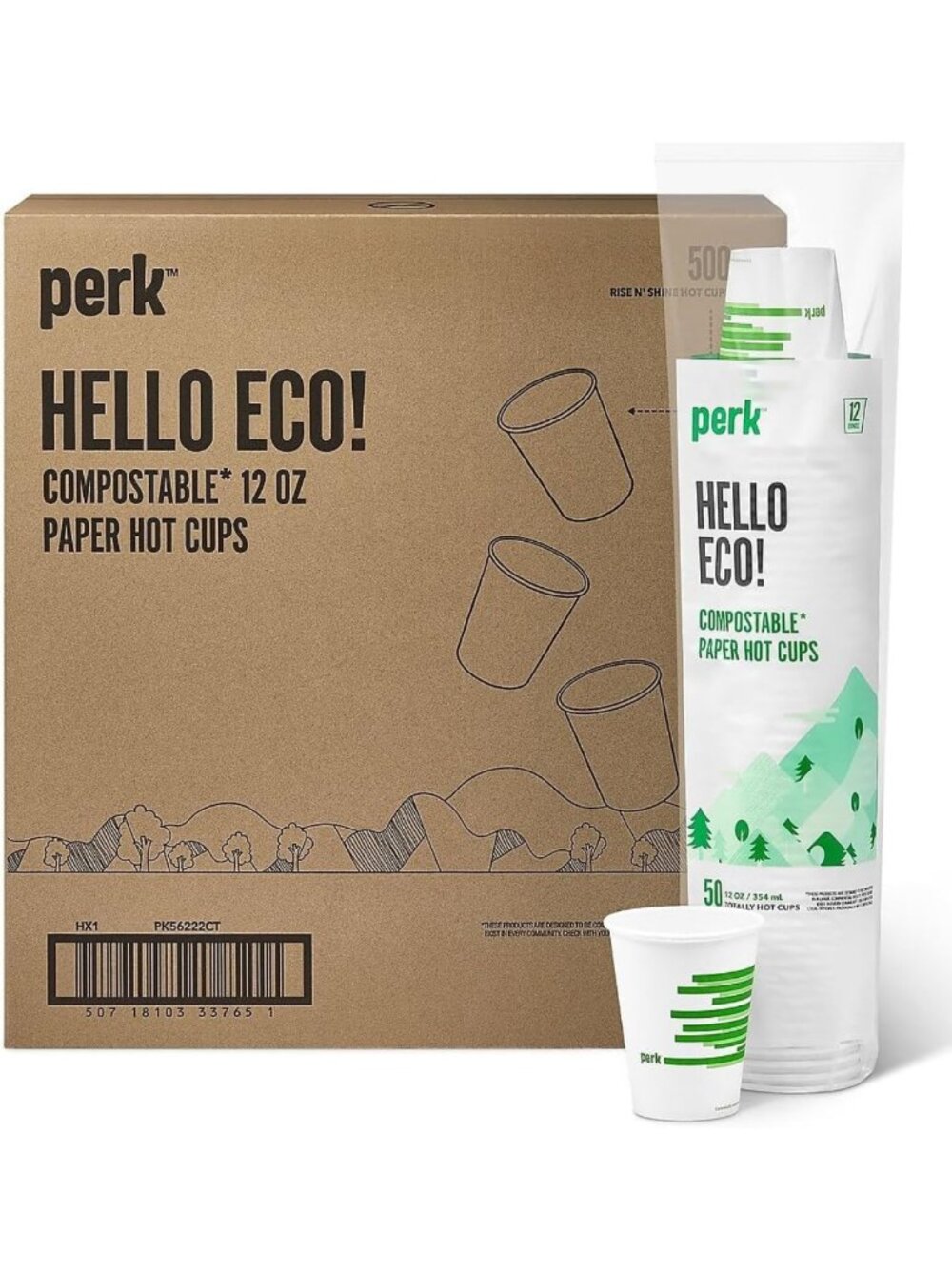Eco-Friendly 12 Oz Compostable Paper Hot Cups - White/Green, 500 Count Pack